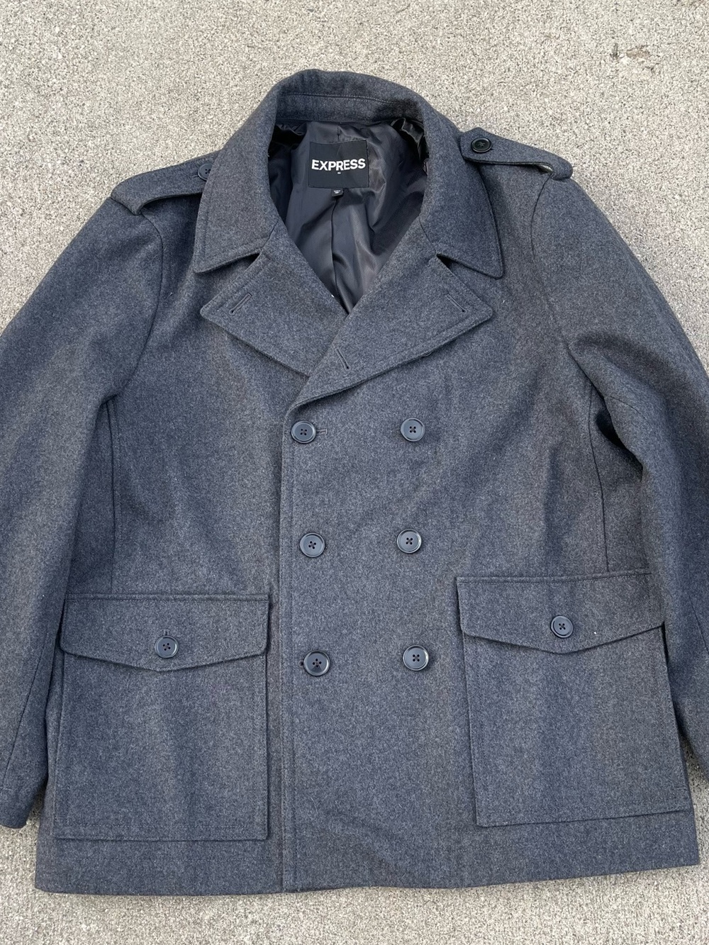 Express Mens XL Charcoal Gray Wool Blend Peacoat Military Double Breasted Jacket